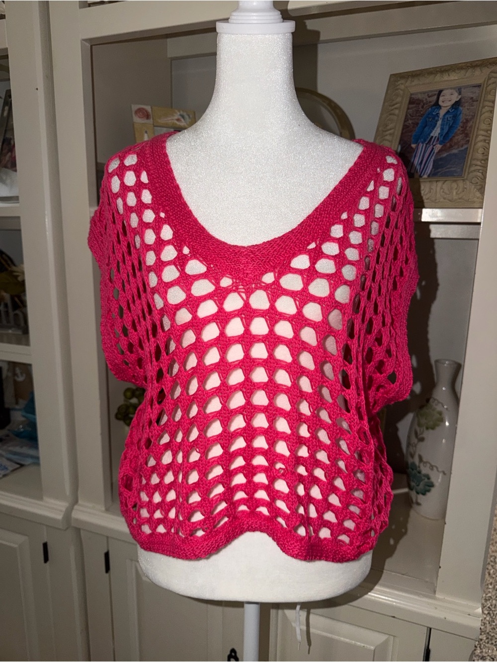 Love Tree Open Crochet V-Neck Top in Hot Pink